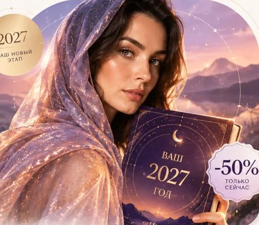 Девушка в сияющем платке держит книгу «Ваш 2027 год»